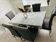Ariel 160cm/ 180cm/ 200cm Marble Dining Table With Set of Nicole Dark Grey Leather Chairs