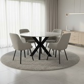 130cm Round White Marble Dining Set | 4 Grey Velvet & PU Leather Chairs