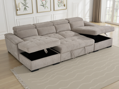 Alaya U-Shape Corner Sofa Bed in Beige | Luxury Fabric Sleeper