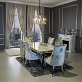 Ariaana 150cm+180cm+200cm Grey Marble Dining Table and Silver Velvet Dining Chairs Rink Knocker