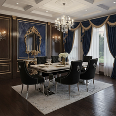 Arianna Cream Marble Dining Table with Mink Lion Knocker Velvet Dining Chairs and High Back Bench – Luxury Dining Set