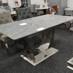 Arial 1.2–1.5m Extending Grey Ceramic Marble Dining Table with Lasco Velvet Dining Chairs – Luxury Modern Dining Set