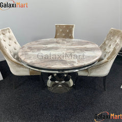 Bologna 130cm Round Mixed Brown Marble Dining Table with Mink Plain Back Ring Knocker Velvet Dining Chairs