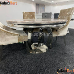 Bologna 130cm Round Mixed Brown Marble Dining Table with Mink Plain Back Ring Knocker Velvet Dining Chairs