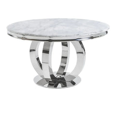 Bologna 130cm white round marble dining table with plain back silver grey ring knocker velvet chairs