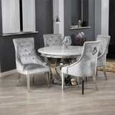 Bologna 130cm white round marble dining table with plain back silver grey ring knocker velvet chairs