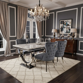 Arianna 150cm Grey Marble Dining Table + Valentino Button Back Lion Knocker Velvet Chairs