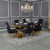 Arianna 180cm Gold Marble Dining Table with Gold Lion Knocker Black Velvet Dining Chairs