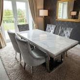 Arianna 180cm White Marble Dining Table with Set of Plush Velvet Dining Chairs – Luxury Dining Set