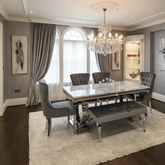 Arianna 180cm Grey Marble Dining Table with 4 Lion Knocker Grey Velvet Dining Chairs and 130cm Matching Bench
