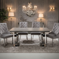 Arianna 200cm White Marble Dining Table with Set of Lion Knocker Plush Velvet Dining Chairs – Luxury Dining Set