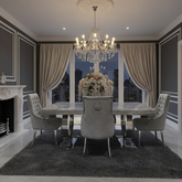 Arianna 200cm Grey Marble Dining Table with Majestic Silver Lion Knocker Velvet Dining Chairs