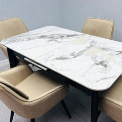 Arizona Extending Cream Gold Ceramic Dining Table 130cm to 160cm & Florence Beige Swivel Chairs