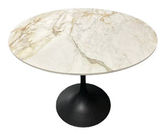 Bentley 90cm Gold & Grey Ceramic Marble Round Dining Table with Black Base and Grey Velvet Dining Chairs