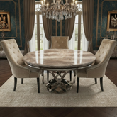 Bologna 130cm Round Mixed Brown Marble Dining Table with Mink Plain Back Ring Knocker Velvet Dining Chairs