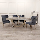 Ariel 180cm Grey Marble Dining Table + Valentino Button Back Lion Knocker Velvet Chairs
