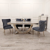 Arial 150cm Grey Marble Dining Table + Valentino Button Back Lion Knocker Velvet Chairs