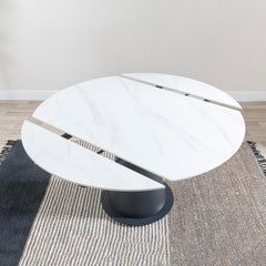 Clara 135cm White Sintered Stone Round Extendable Dining Table - Black Pedestal Base