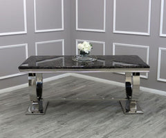 Arianna 180cm Black Marble Dining Table + Valentino Button Lion Knocker Black Velvet Chairs