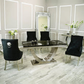 Arial 180cm Black Marble Dining Table with Black Lion Knocker Plush Velvet Chairs