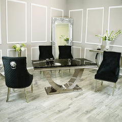 Arial 180cm Black Marble Dining Table with Black Lion Knocker Plush Velvet Chairs