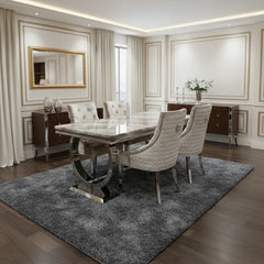 Arianna 150/180/200cm Brown Marble Dining Table with Beige Velvet Dining Chairs – Luxury Dining Set