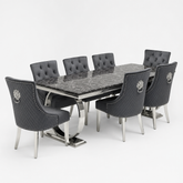 Ariana Black Marble Dining Table Set | Majestic Dark Grey Velvet Lion Knocker Chairs | 4 to 10 Seater | 3 Size Options