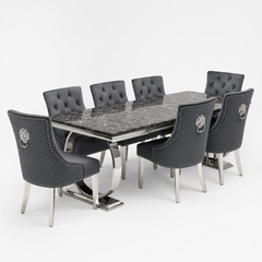Ariana Black Marble Dining Table Set | Majestic Dark Grey Velvet Lion Knocker Chairs | 4 to 10 Seater | 3 Size Options
