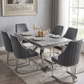 Ariana Grey Marble Dining Table & 4-8 Velvet Ribbed Back Dining Chairs – Premium Chrome Legs