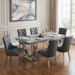 Arianna Grey Marble Dining Table with Valencia Ring Knocker PU-Leather Dark Grey Dining Chairs