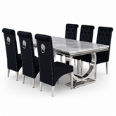 Ariana Grey Marble Dining Table Set | Sofia Black Velvet Lion Knocker Chairs | 4 to 10 Seater | 3 Size Options