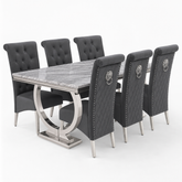 Ariana Grey Marble Dining Table Set | Sofia Dark Grey Velvet Lion Knocker Chairs | 4 to 10 Seater | 3 Size Options
