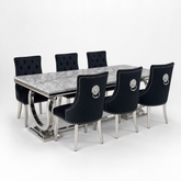 Ariana Grey Marble Dining Table Set | Majestic Black Velvet Lion Knocker Chairs | 4 to 10 Seater | 3 Size Options