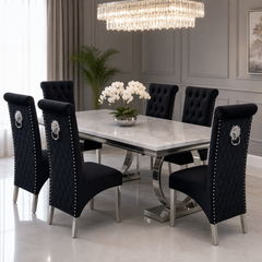 Ariana White Marble Dining Table Set | Sofia Black Velvet Lion Knocker Chairs | 4 to 10 Seater | 3 Size Options