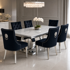 Ariana White Marble Dining Table Set | Majestic Black Velvet Lion Knocker Chairs | 4 to 10 Seater | 3 Size Options