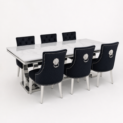 Ariana White Marble Dining Table Set | Majestic Black Velvet Lion Knocker Chairs | 4 to 10 Seater | 3 Size Options