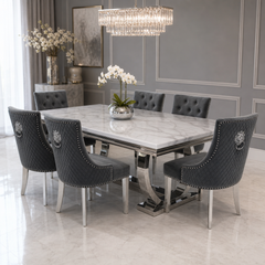 Ariana White Marble Dining Table Set | Majestic Dark Grey Velvet Lion Knocker Chairs | 4 to 10 Seater | 3 Size Options