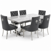 Ariana White Marble Dining Table Set | Majestic Dark Grey Velvet Lion Knocker Chairs | 4 to 10 Seater | 3 Size Options