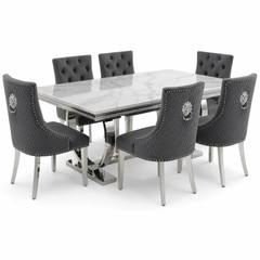 Ariana White Marble Dining Table Set | Majestic Dark Grey Velvet Lion Knocker Chairs | 4 to 10 Seater | 3 Size Options