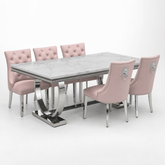 Ariana White Marble Dining Table Set | Majestic Pink Velvet Lion Knocker Chairs | 4 to 10 Seater | 3 Size Options
