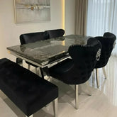 Arianna 200cm Black Marble Dining Table + Valentino Button Lion Knocker Black Velvet Chairs