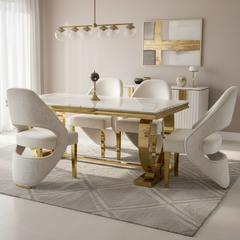 Arianna Marble & Gold Dining Table With Santos Curve Velvet Chairs Gold Legs