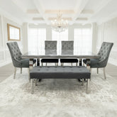 Arianna Grey Marble Dining Table With Majestic Loin Knocker Velvet Dining Chairs And Bench