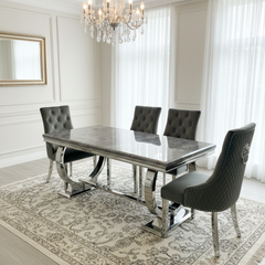 Arianna Grey Marble Dining Table With Majestic Loin Knocker Velvet Dining Chairs And Bench