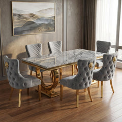 Arianna Grey Marble Dining Table & Gold Base with Victoria Velvet Chairs