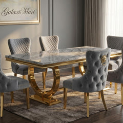 Arianna Grey Marble Dining Table & Gold Base with Victoria Velvet Chairs