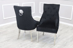 Arial 180cm Black Marble Dining Table with Black Lion Knocker Plush Velvet Chairs