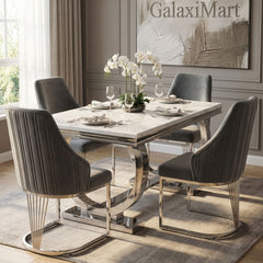 Ariana Grey Marble Dining Table & 4-8 Velvet Ribbed Back Dining Chairs – Premium Chrome Legs