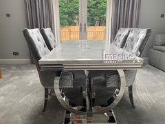 Arianna 200cm White Marble Dining Table with Set of Lion Knocker Plush Velvet Dining Chairs – Luxury Dining Set