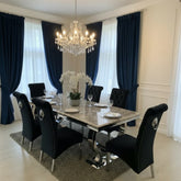Arianna 150cm Black Marble Dining Table With Sofia Lion Knocker Plush Velvet Dining Chairs